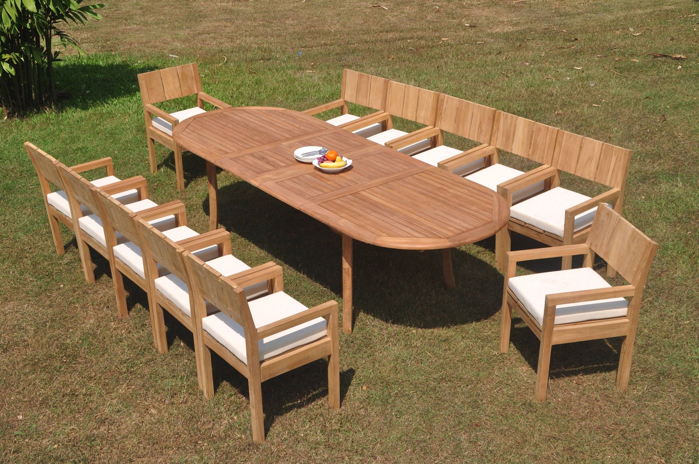 Grade A Teak Dining Set: 12 Seater 13 Pc: 118" Double Extension Oval Pertaining To Most Current Teak Folding Chair Patio Dining Sets (View 9 of 15)
