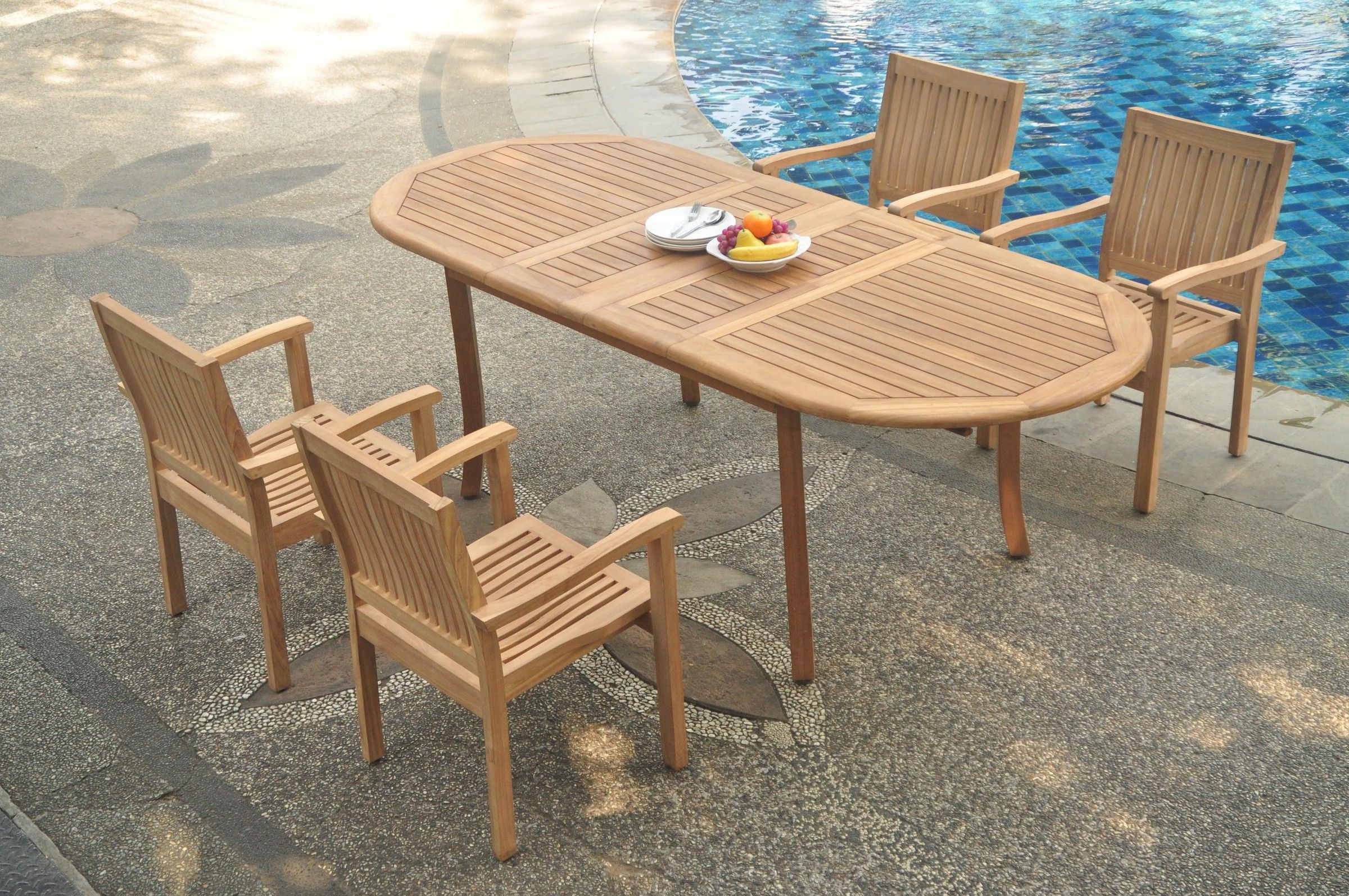 Grade A Teak Dining Set: 4 Seater 5 Pc: 94" Double Extension Oval Table With Newest Teak Folding Chair Patio Dining Sets (View 1 of 15)