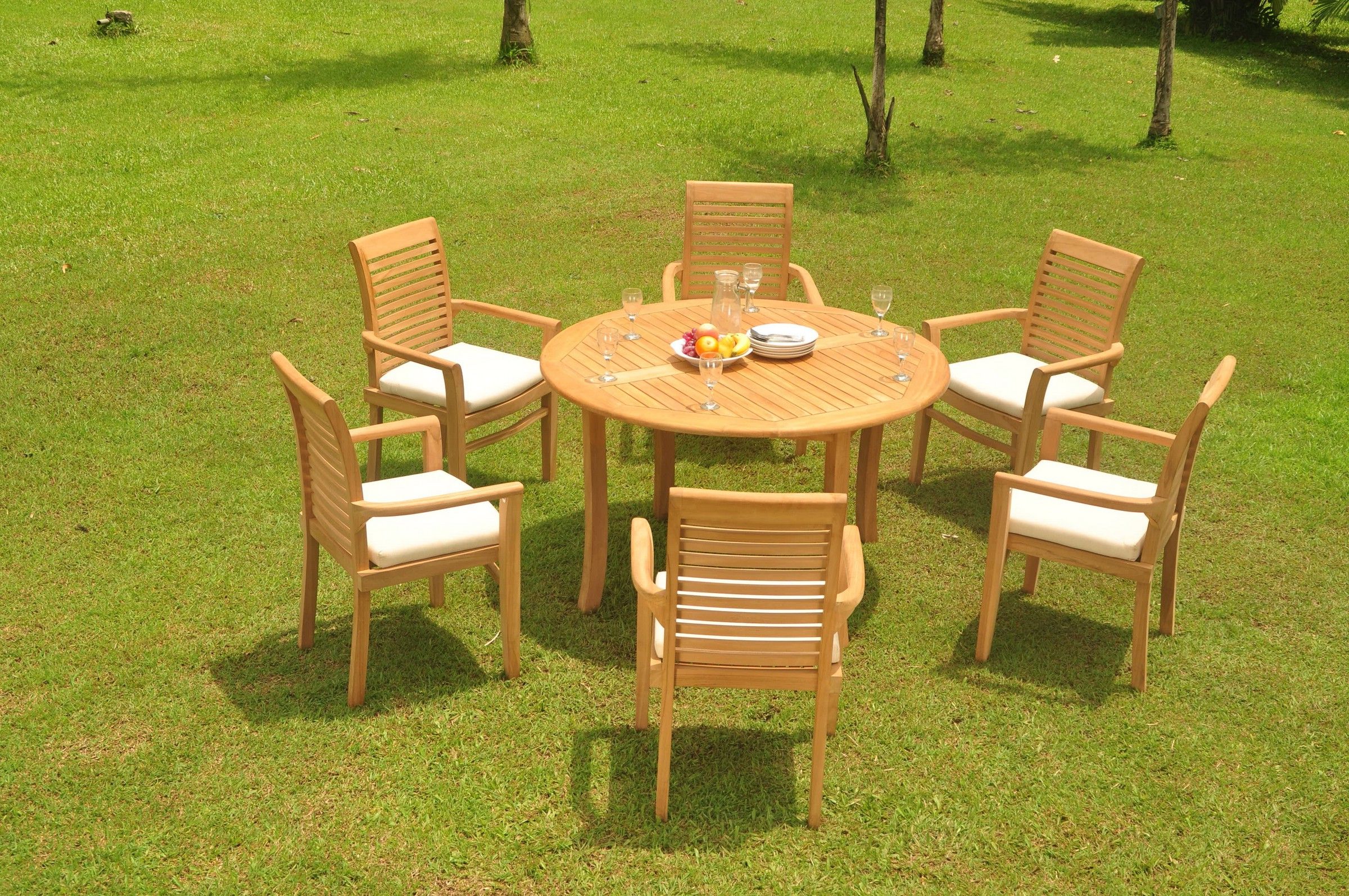 Grade A Teak Dining Set: 6 Seater 7 Pc: 52" Round Table And 6 Mas Inside Favorite Teak Armchair Round Patio Dining Sets (View 4 of 15)