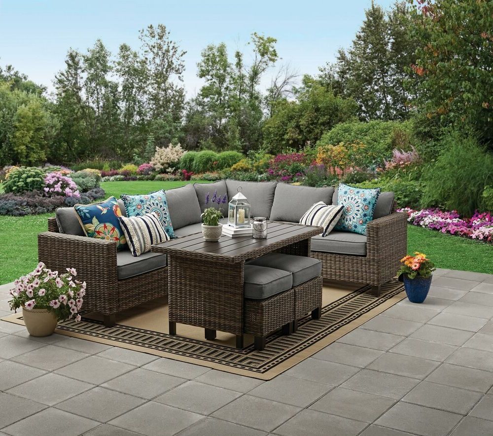 Gray All Weather Outdoor Seating Patio Sets Within Well Known Patio Sectional Set 5pc Sofa Ottoman Dining Table Balcony Garden (View 3 of 15)