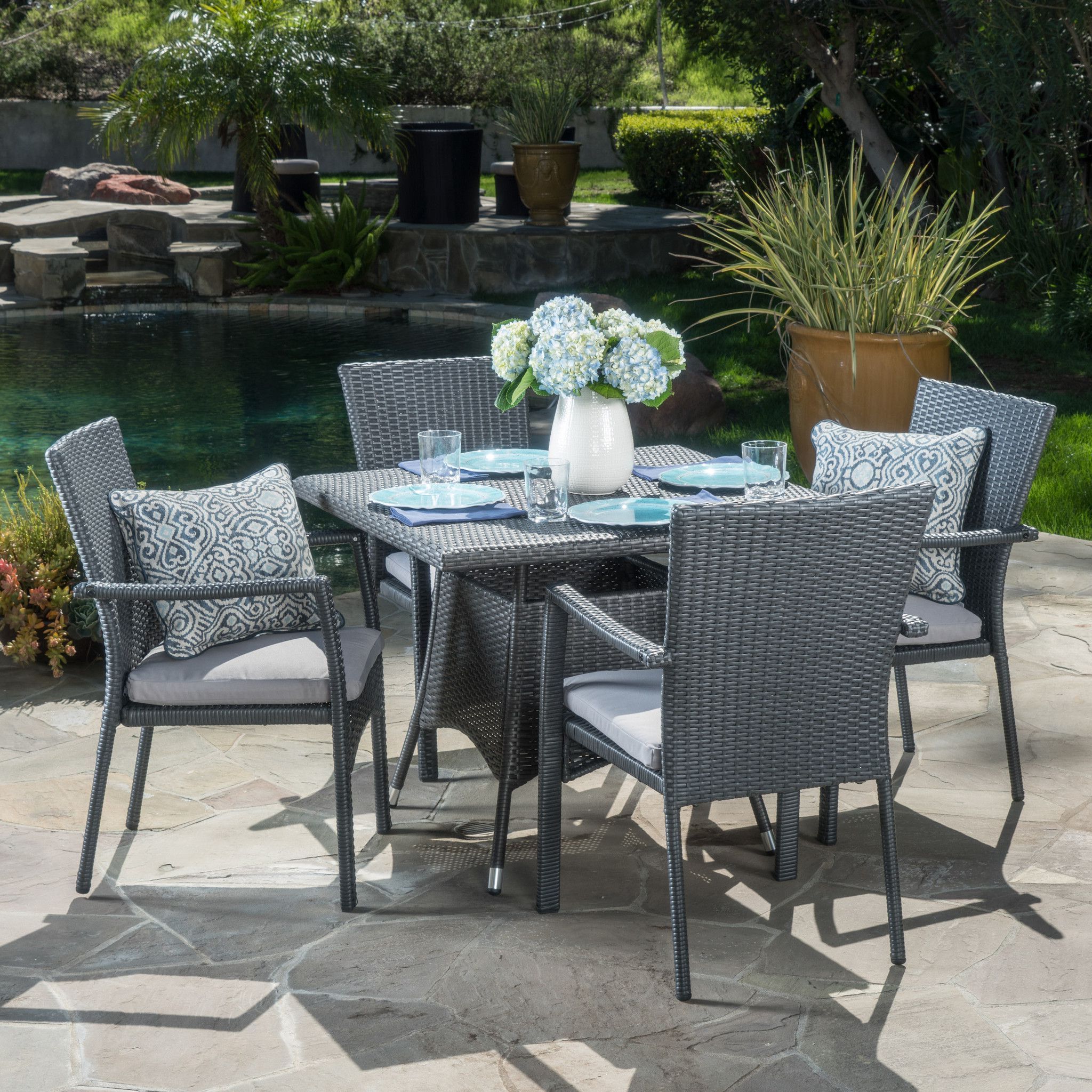 Gray Wicker 5 Piece Round Patio Dining Sets Pertaining To Newest Cabela Outdoor 5 Piece Grey Wicker Dining Set With Cushions (View 10 of 15)