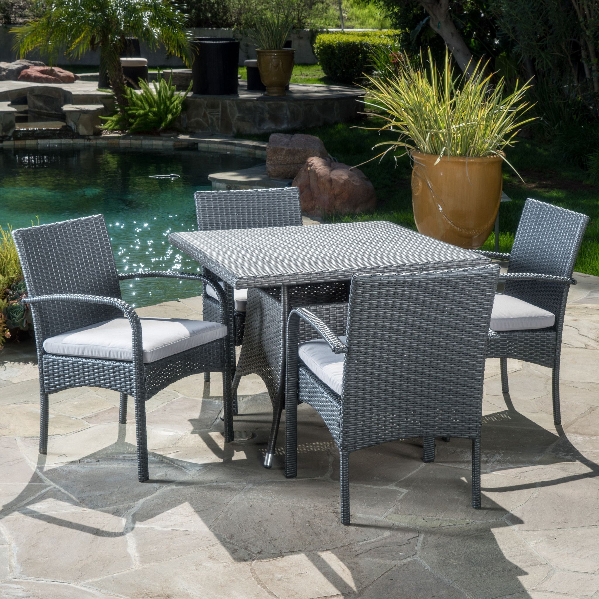 Gray Wicker 5 Piece Round Patio Dining Sets Within Current Pattinson Outdoor 5 Piece Grey Wicker Dining Set With Cushions (View 6 of 15)