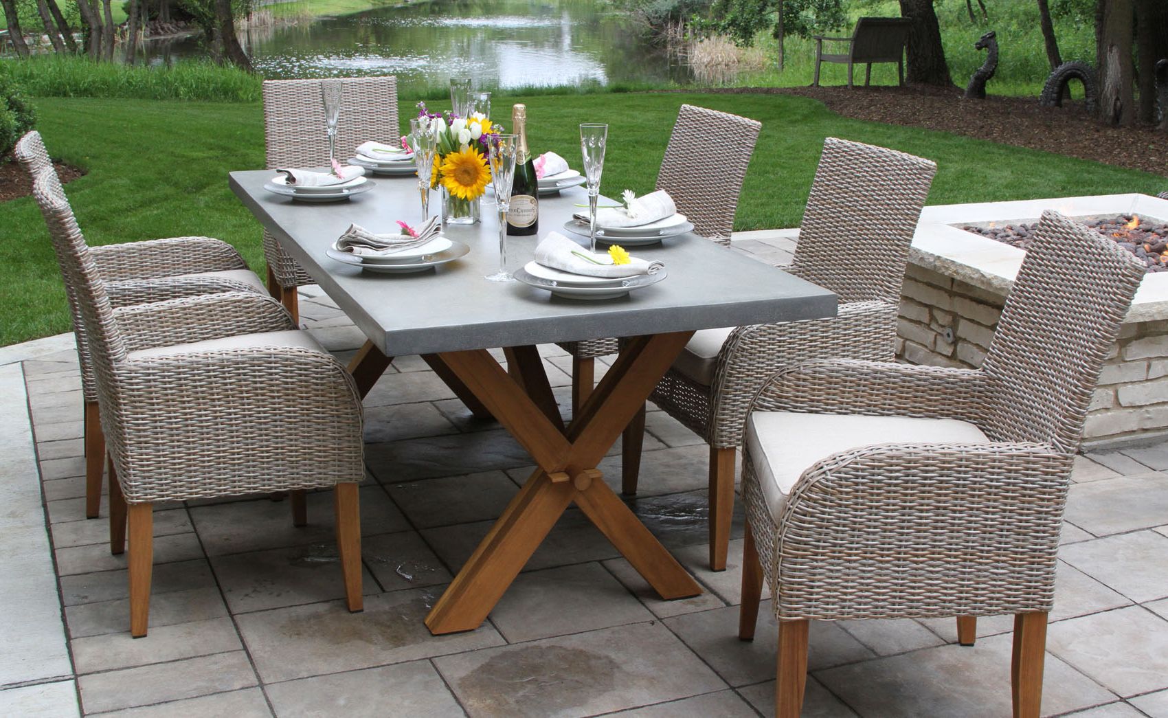 Gray Wicker Rectangular Patio Dining Sets Regarding Popular Composite Rectangle Dining Table With Trestle Teak Wood Base (View 8 of 15)