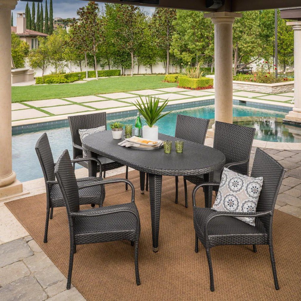 Gray Wicker Rectangular Patio Dining Sets Throughout Best And Newest Noble House Jayson Grey 7 Piece Wicker Oval Outdoor Dining Set With (View 15 of 15)