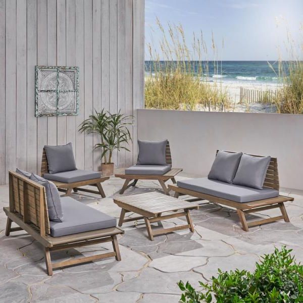 Gray Wood Outdoor Conversation Sets Inside Famous Noble House Sedona Grey 5 Piece Wood Patio Conversation Seating Set (View 1 of 15)