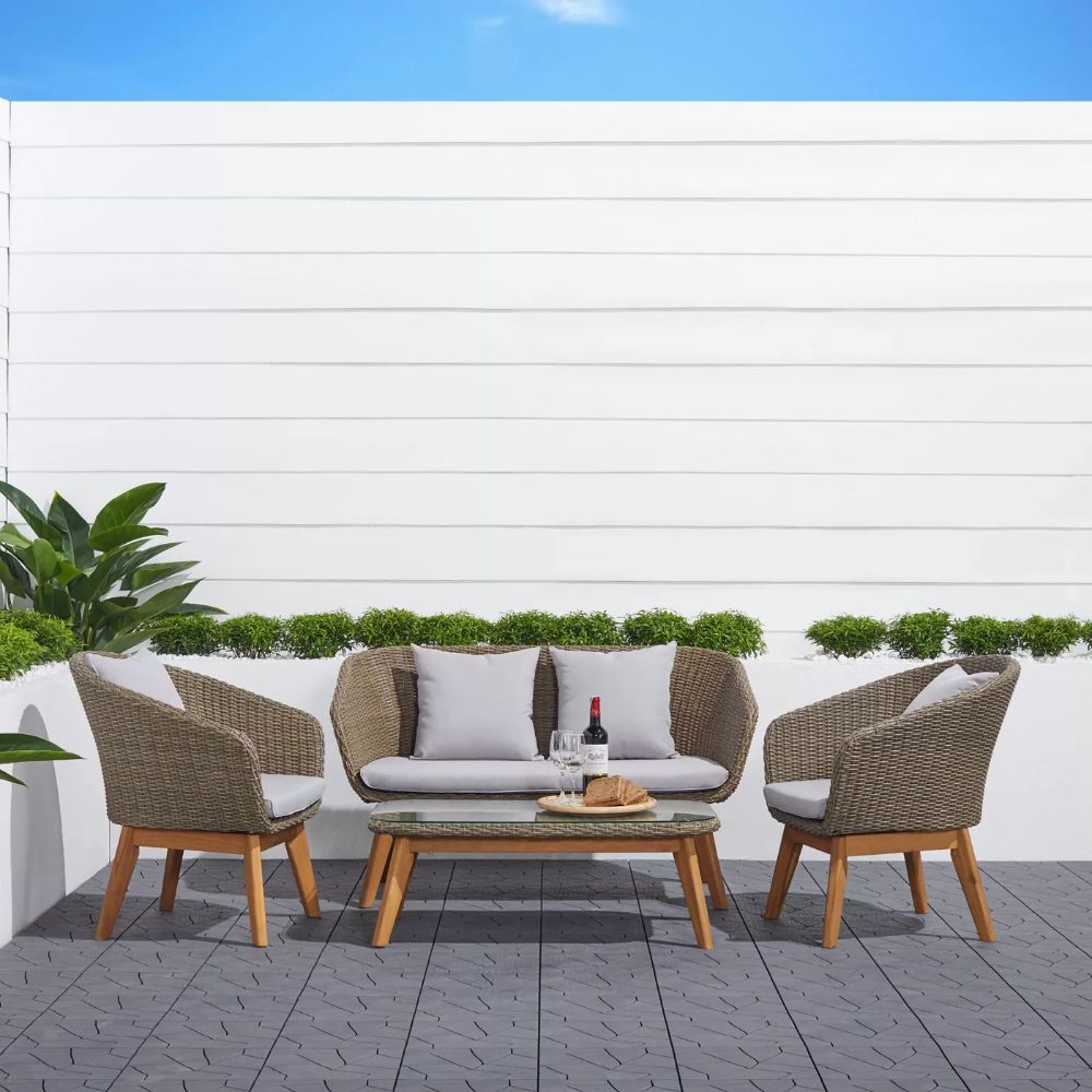 Grayton 4pc Rustic All Weather Patio Wood And Wicker Conversation Set Within Most Up To Date Gray Wood Outdoor Conversation Sets (View 7 of 15)