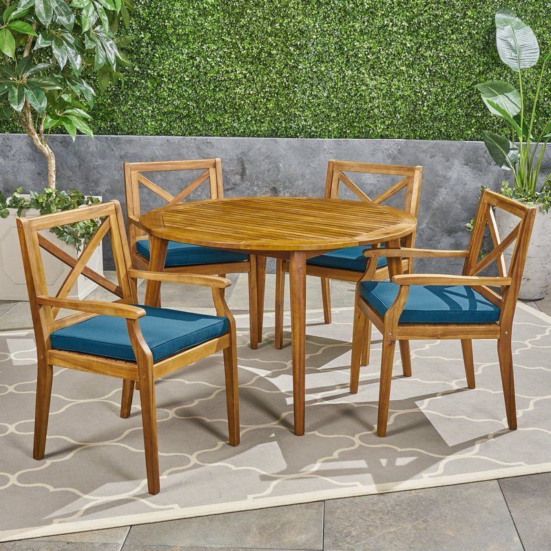 Green 5 Piece Outdoor Dining Sets Pertaining To Latest Hagues Outdoor Acacia Wood 5 Piece Dining Set With Cushions & Reviews (View 2 of 15)
