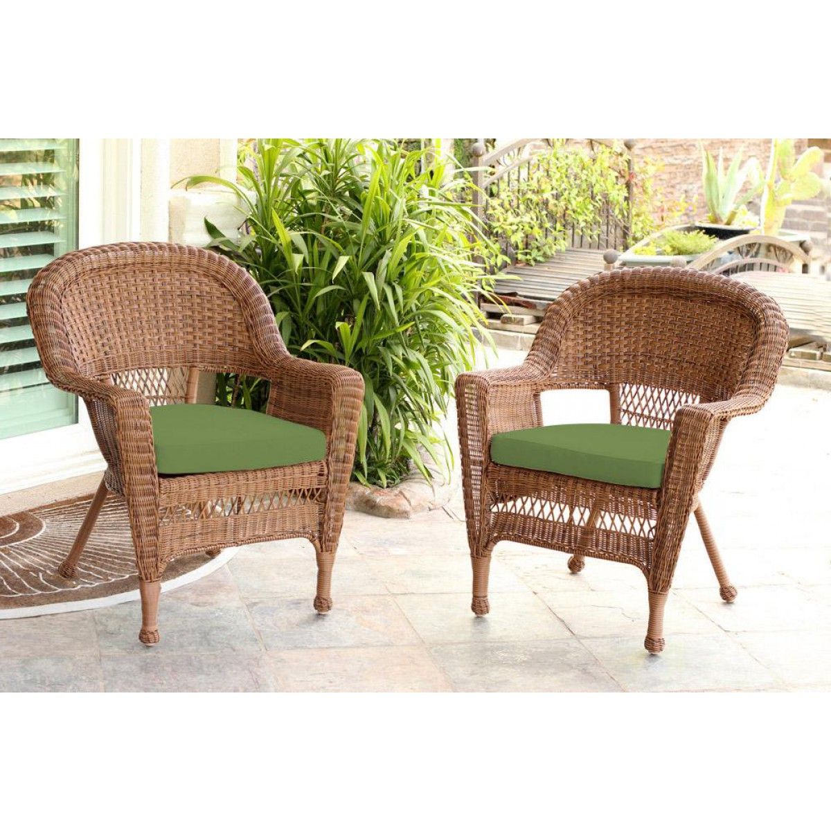 Green Rattan Outdoor Rocking Chair Sets For Most Up To Date Honey Wicker Chair With Hunter Green Cushion – Set Of  (View 3 of 15)