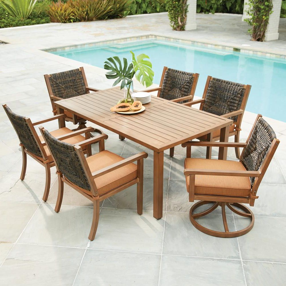 Hampton Bay Kapolei 7 Piece Wicker Outdoor Dining Set With Reddish Regarding Most Current 7 Piece Patio Dining Sets With Cushions (View 5 of 15)