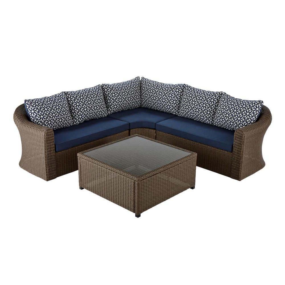 Hampton Bay Maldives Brown Wicker Patio Sectional Set With Sunbrella Within Most Up To Date Navy Outdoor Seating Sectional Patio Sets (View 13 of 15)