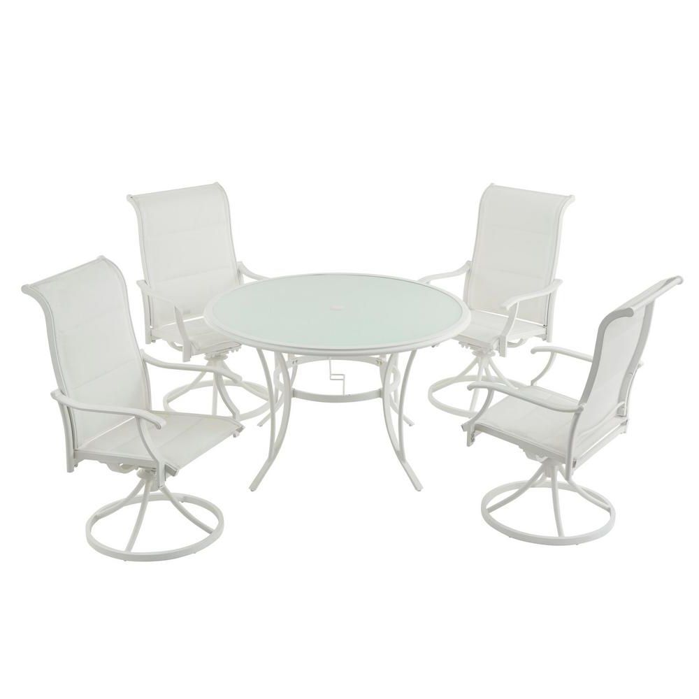 Hampton Bay Riverbrook Shell White 5 Piece Outdoor Patio Aluminum Round Regarding Most Popular White Outdoor Patio Dining Sets (View 12 of 15)