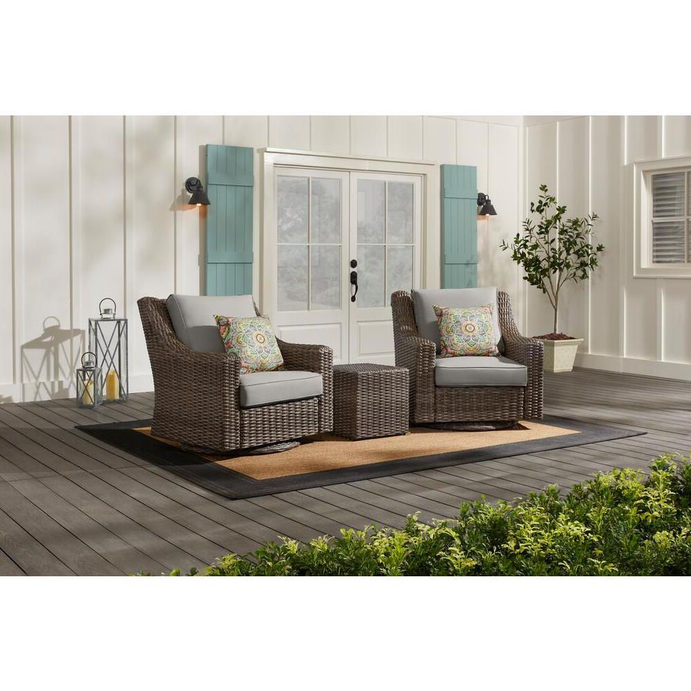 Hampton Bay Rock Cliff Brown 3 Piece Wicker Outdoor Patio Seating Set Pertaining To Most Recent Outdoor Wicker Gray Cushion Patio Sets (View 8 of 15)