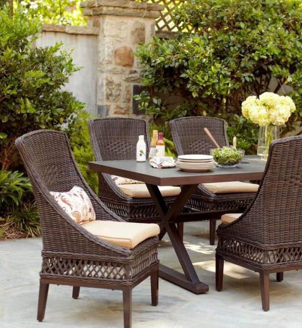 Hampton Bay Woodbury 7 Piece Wicker Outdoor Patio Dining Set With With Regard To Trendy Rattan Wicker Sand Outdoor Seating Sets (View 11 of 15)
