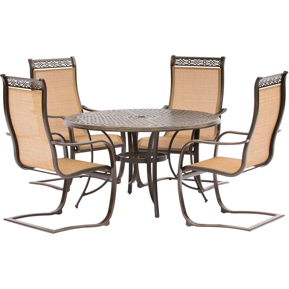 Hanover Manor 5 Piece Aluminum Round Outdoor Dining Set With Spring In Preferred 5 Piece Round Patio Dining Sets (View 12 of 15)
