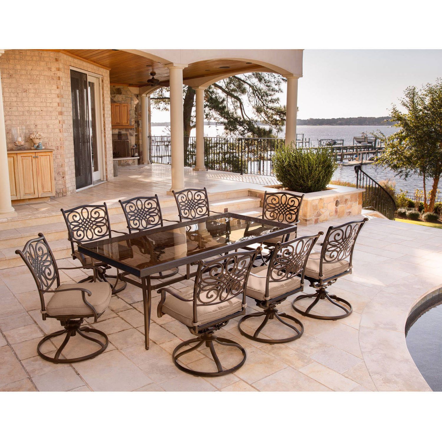 Hanover Outdoor Traditions 9 Piece Dining Set With 42" X 84" Glass Top Throughout 2020 9 Piece Patio Dining Sets (View 6 of 15)