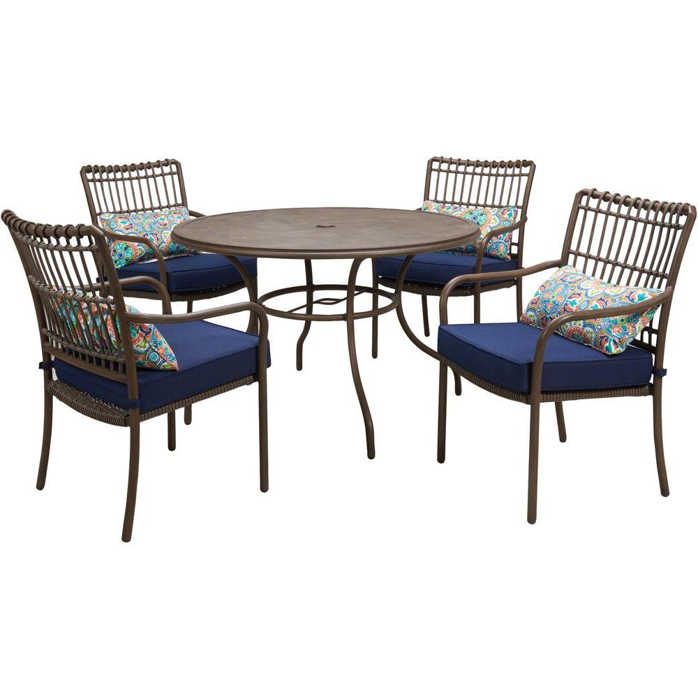 Hanover Summerland Faux Wood 5 Piece Aluminum Round Outdoor Dining Set Throughout Well Known Round 5 Piece Outdoor Patio Dining Sets (View 15 of 15)