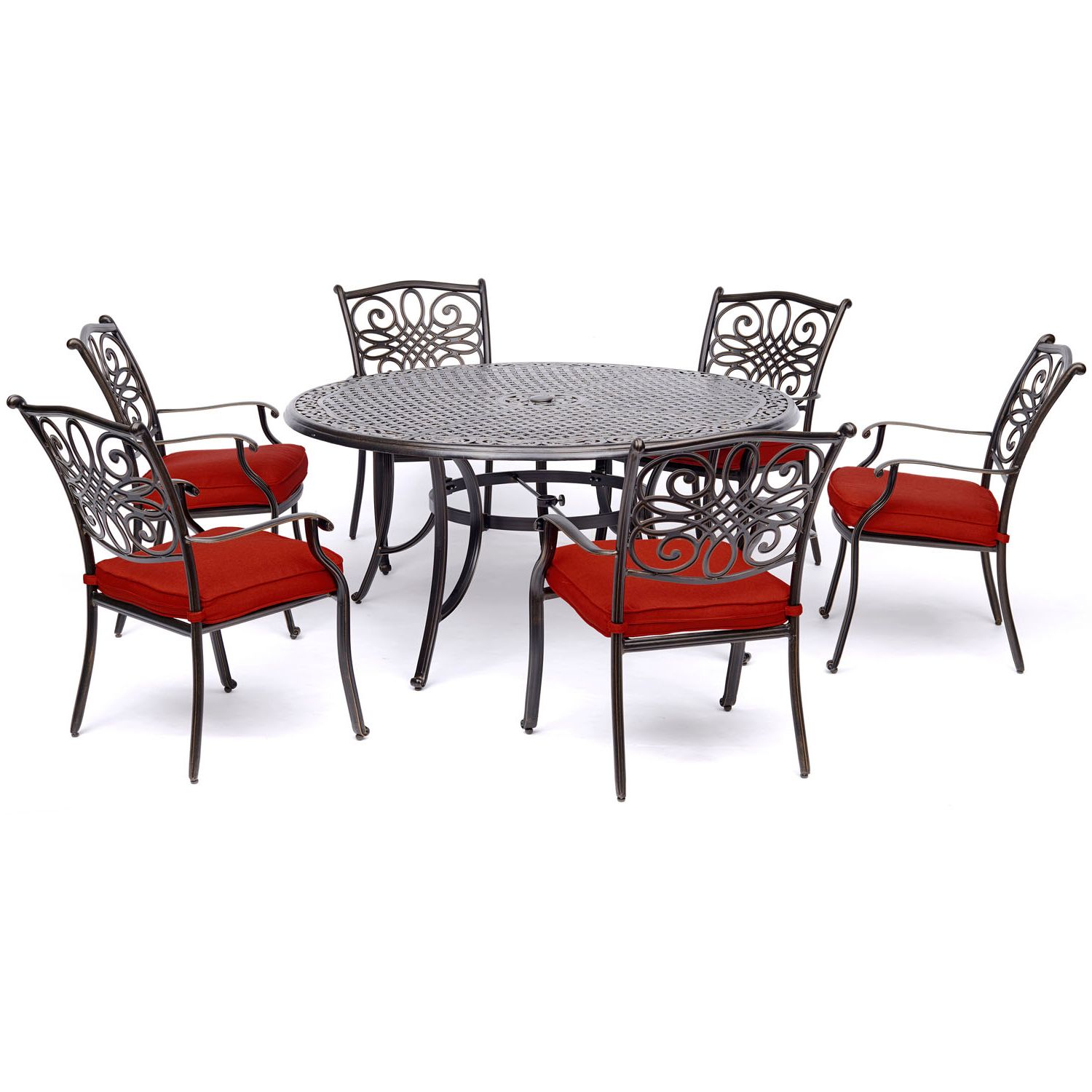 Hanover Traditions 7 Piece Dining Set In Red With Six Dining Chairs And Intended For Preferred Red Metal Outdoor Table And Chairs Sets (View 7 of 15)