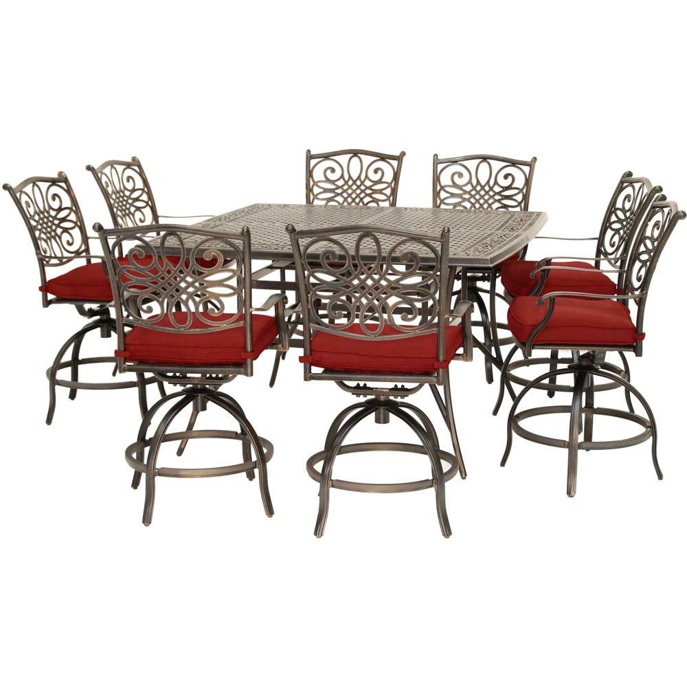 Hanover Traditions 9 Piece Aluminum Outdoor Dining Set With Red With Favorite 9 Piece Outdoor Square Dining Sets (View 8 of 15)