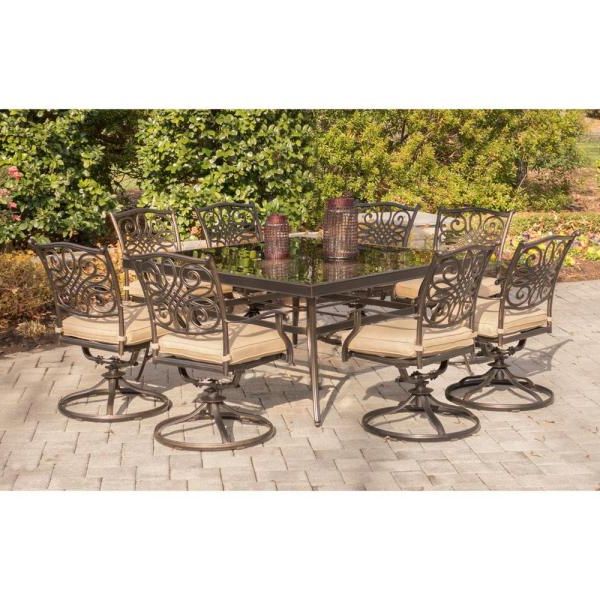 Hanover Traditions 9 Piece Aluminum Outdoor Dining Set With Square With Most Current Square 9 Piece Outdoor Dining Sets (View 8 of 15)