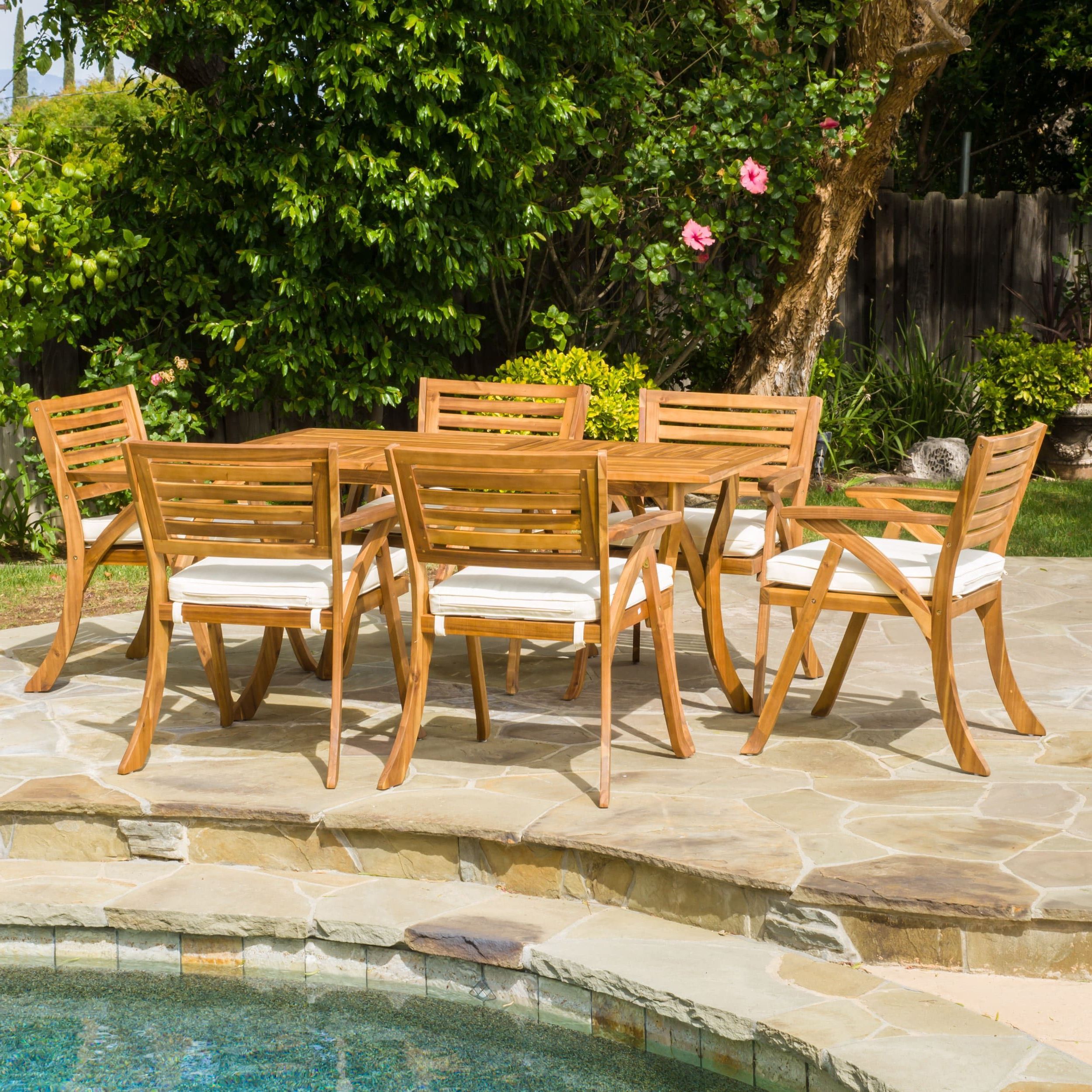 Hermosa Outdoor Acacia Wood 7 Piece Rectangle Dining Set With Cushions With Regard To Trendy Acacia Wood Outdoor Seating Patio Sets (View 11 of 15)