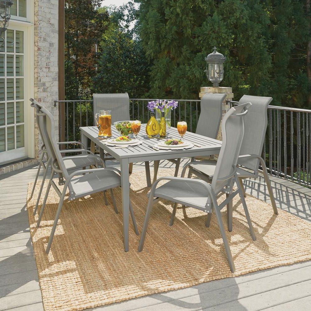 Home Styles Daytona Charcoal Gray 7 Piece Aluminum Round Outdoor Dining Throughout Latest 7 Piece Small Patio Dining Sets (View 2 of 15)