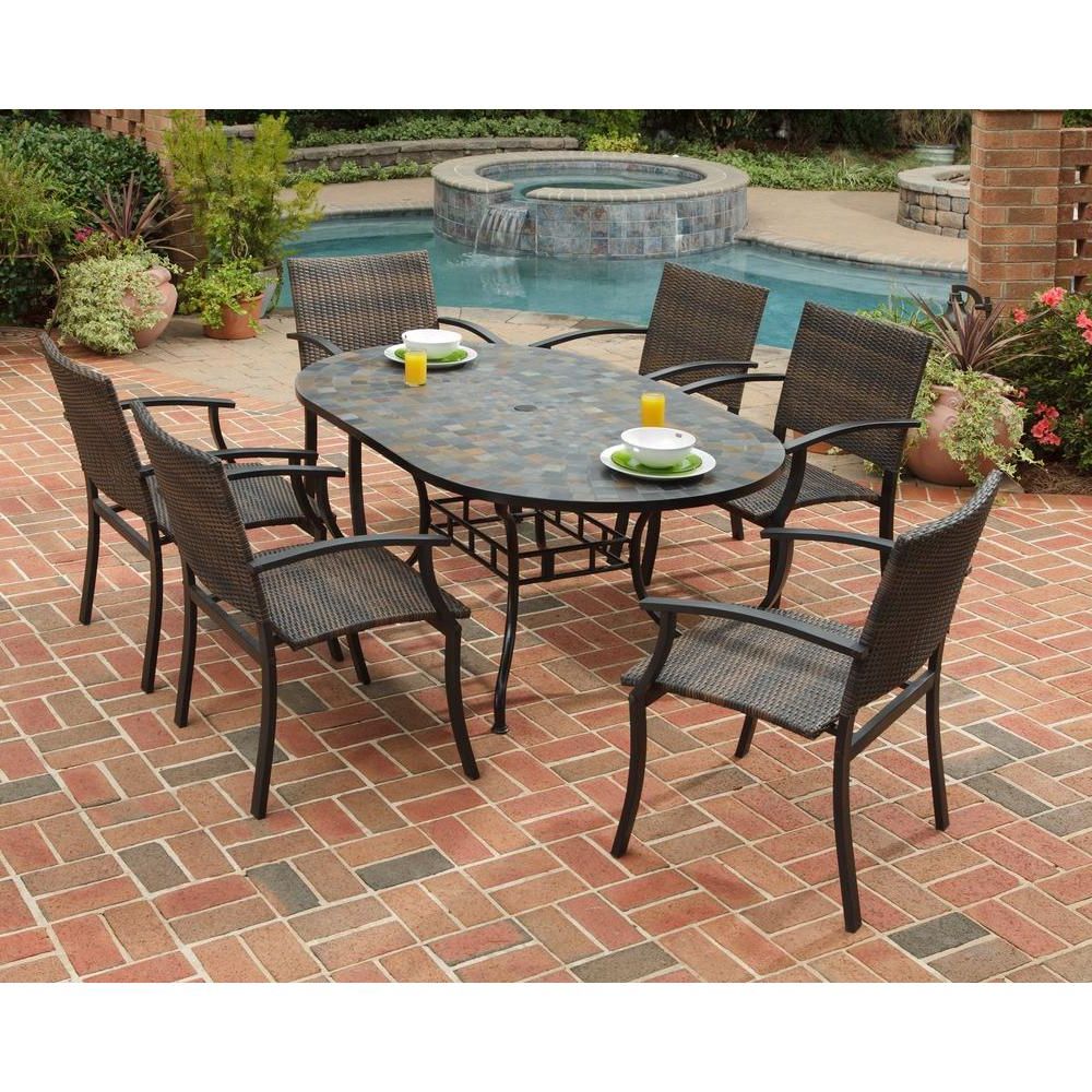 Home Styles Stone Harbor 7 Piece Slate Tile Top Rectangular Patio With 2020 Oval 7 Piece Outdoor Patio Dining Sets (View 9 of 15)