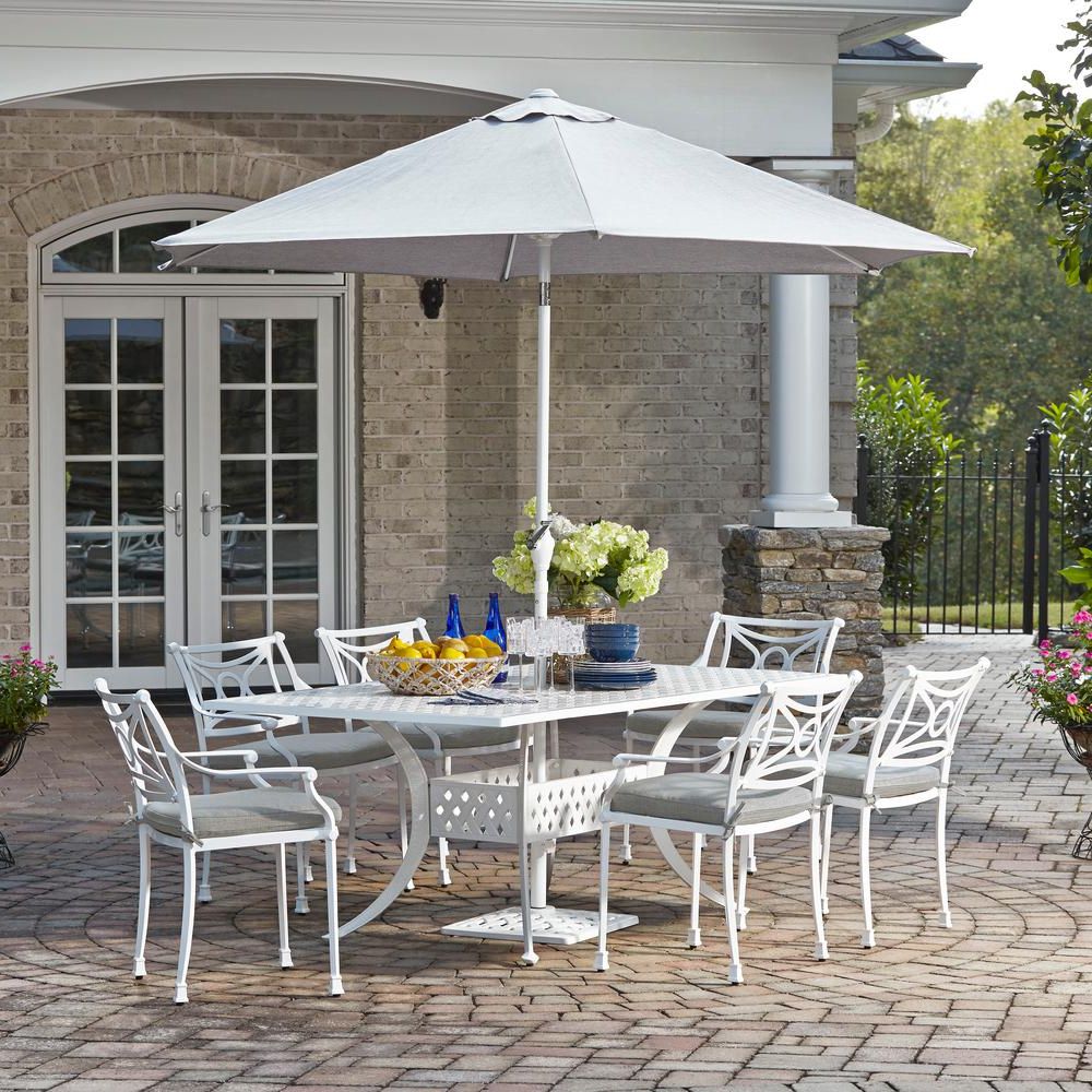 Homestyles La Jolla White 7 Piece Aluminum Rectangular Outdoor Dining Intended For Most Current Rectangular 7 Piece Patio Dining Sets (View 13 of 15)