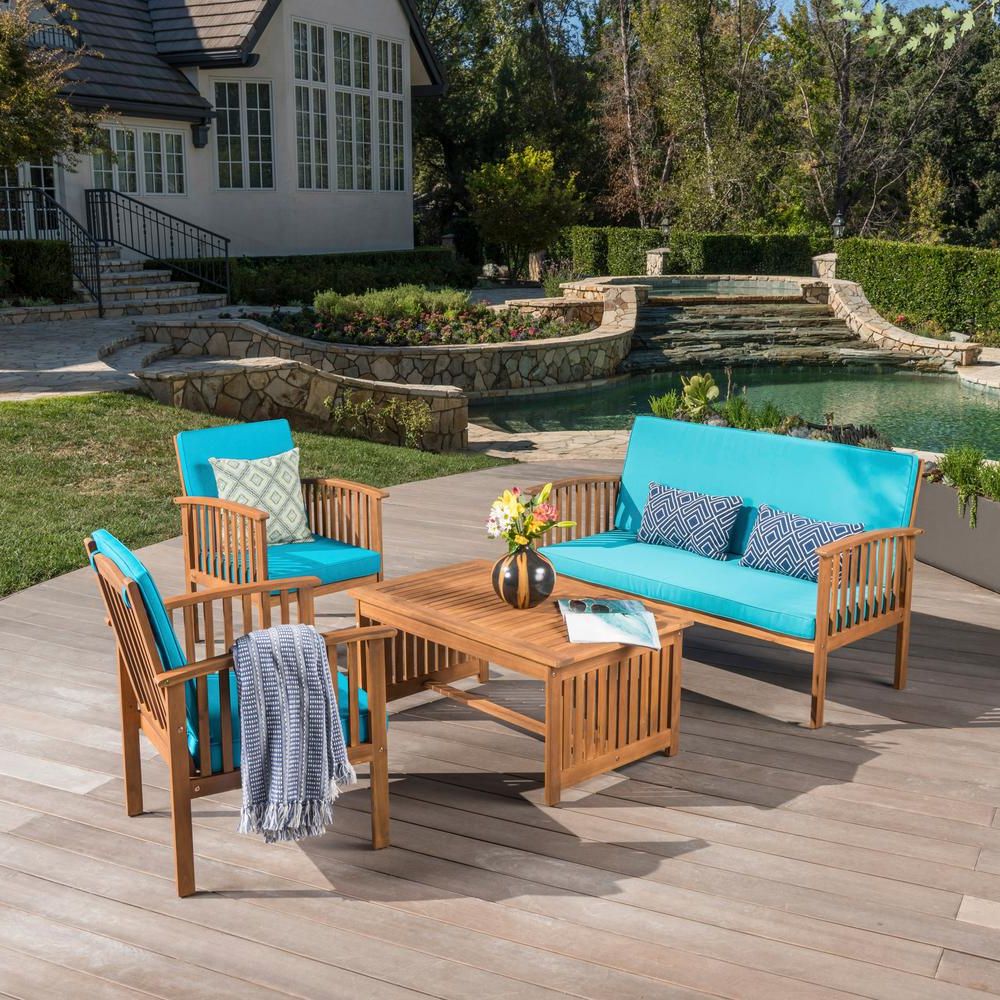 Indoor Outdoor Conversation Sets Throughout Newest Noble House 4 Piece Wood Patio Conversation Set With Teal Cushions (View 4 of 15)