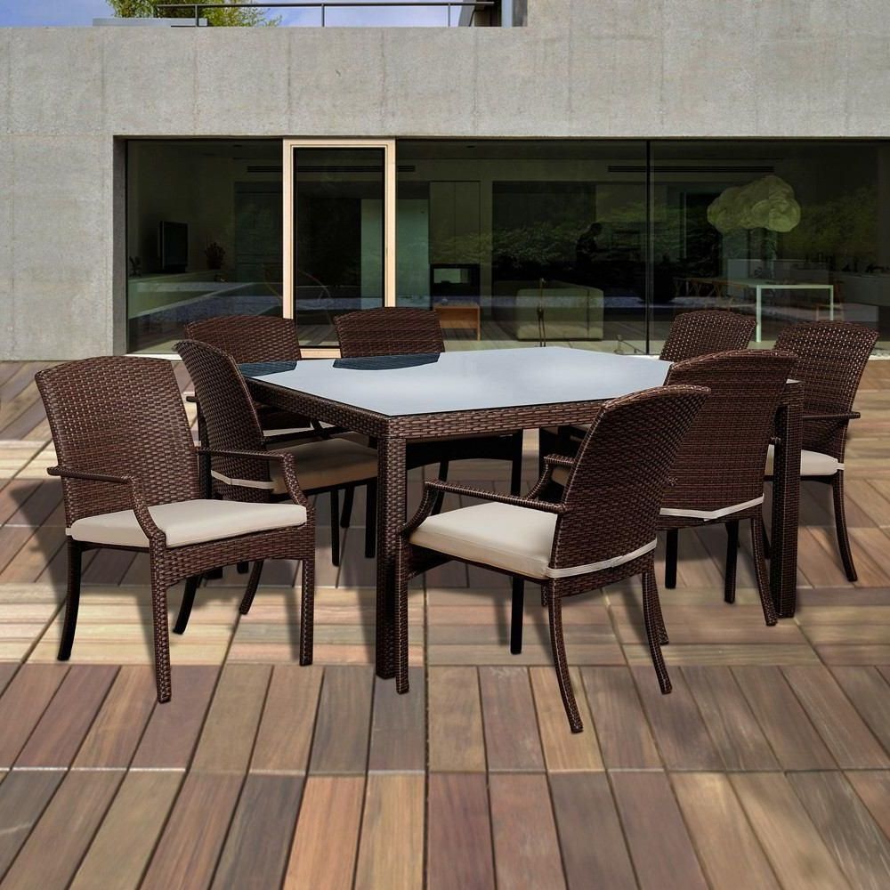 International Home Miami Rolland 8 Piece Brown Synthetic Wicker Square With Regard To 2020 Brown Wicker Rectangular Patio Dining Sets (View 7 of 15)