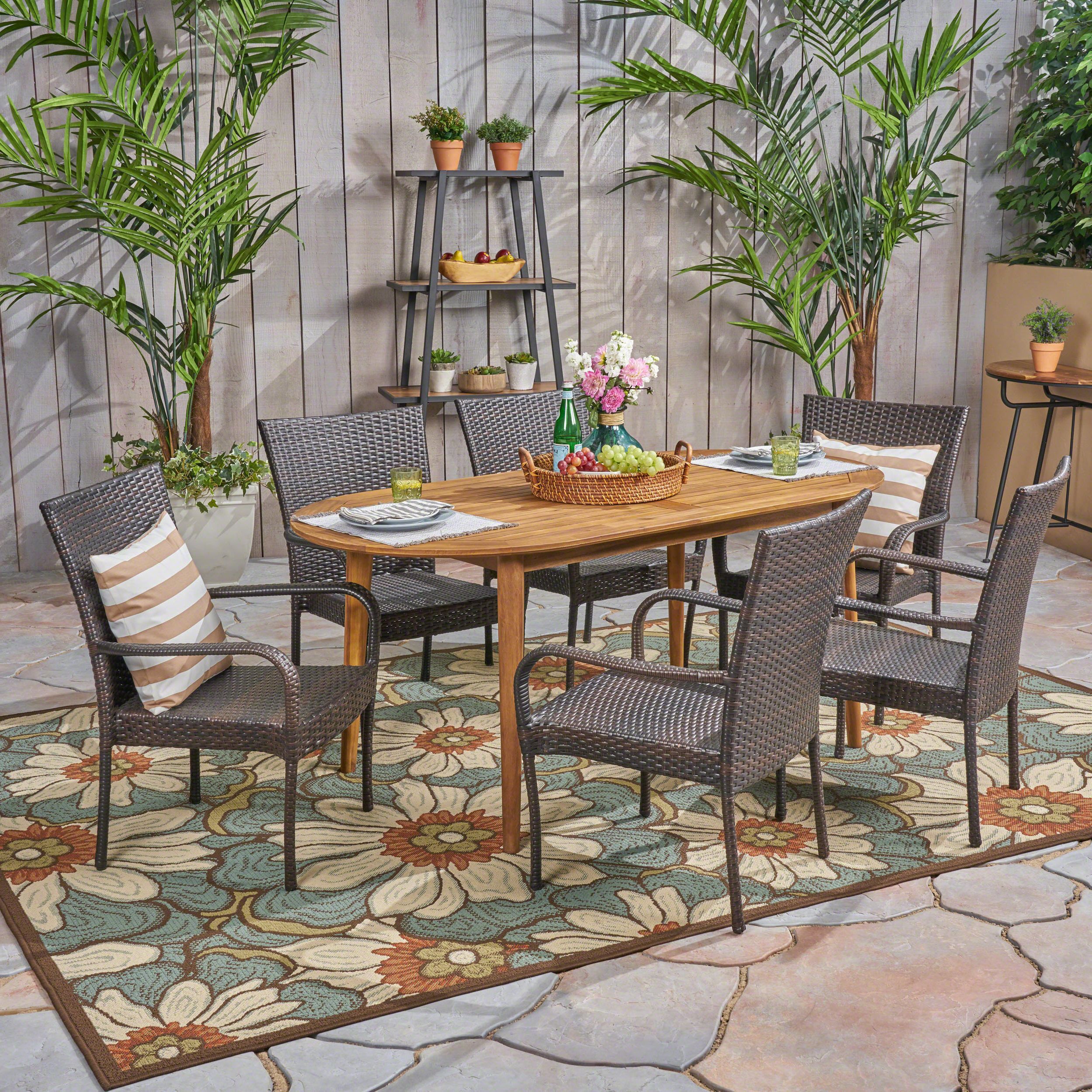 Jennifer Outdoor 7 Piece Acacia Wood Dining Set With Stacking Wicker Intended For Most Current Teak Wicker Outdoor Dining Sets (View 12 of 15)