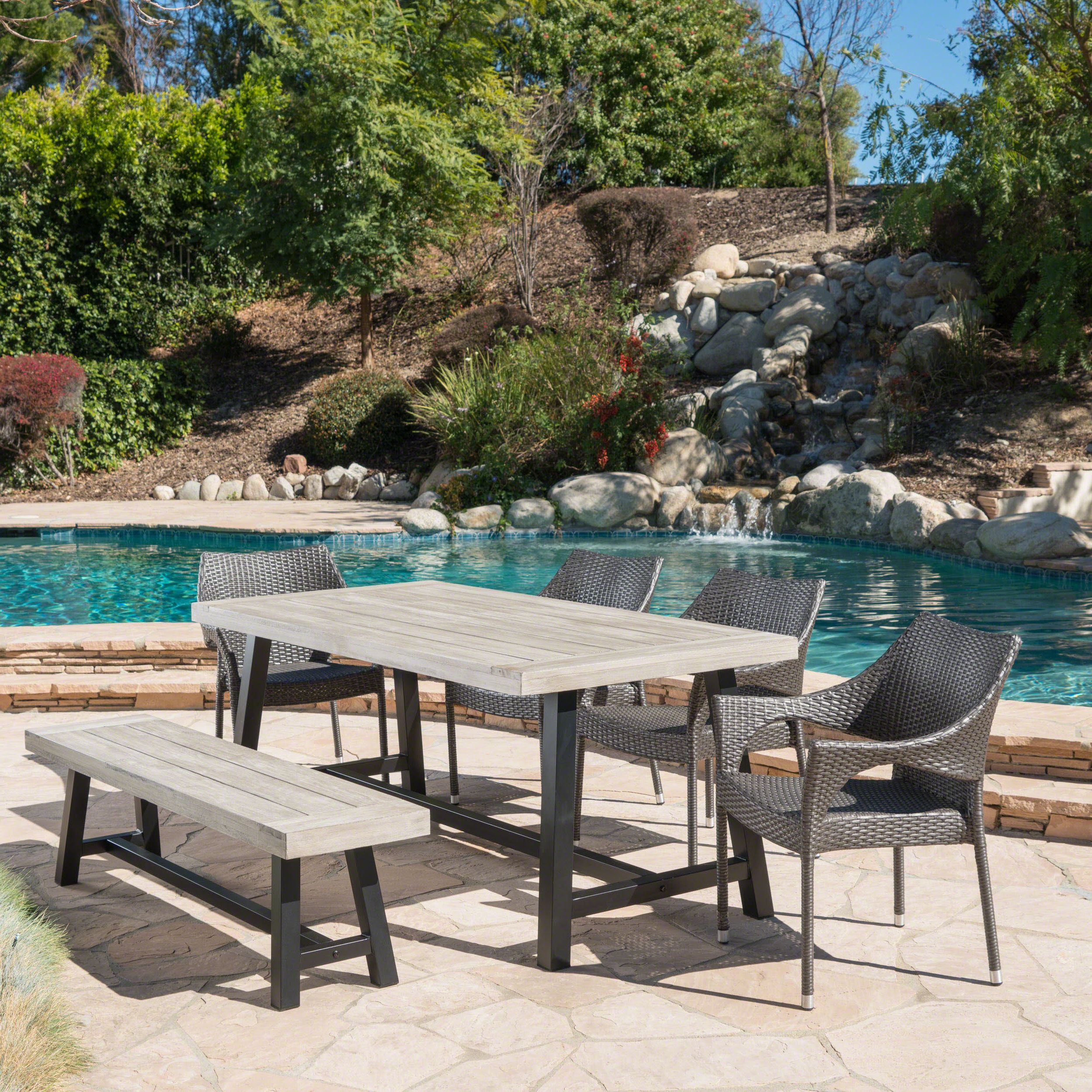 Jimmy Outdoor 6 Piece Wicker Dining Set With Acacia Wood Table And Within Current Black And Gray Outdoor Table And Chair Sets (View 14 of 15)