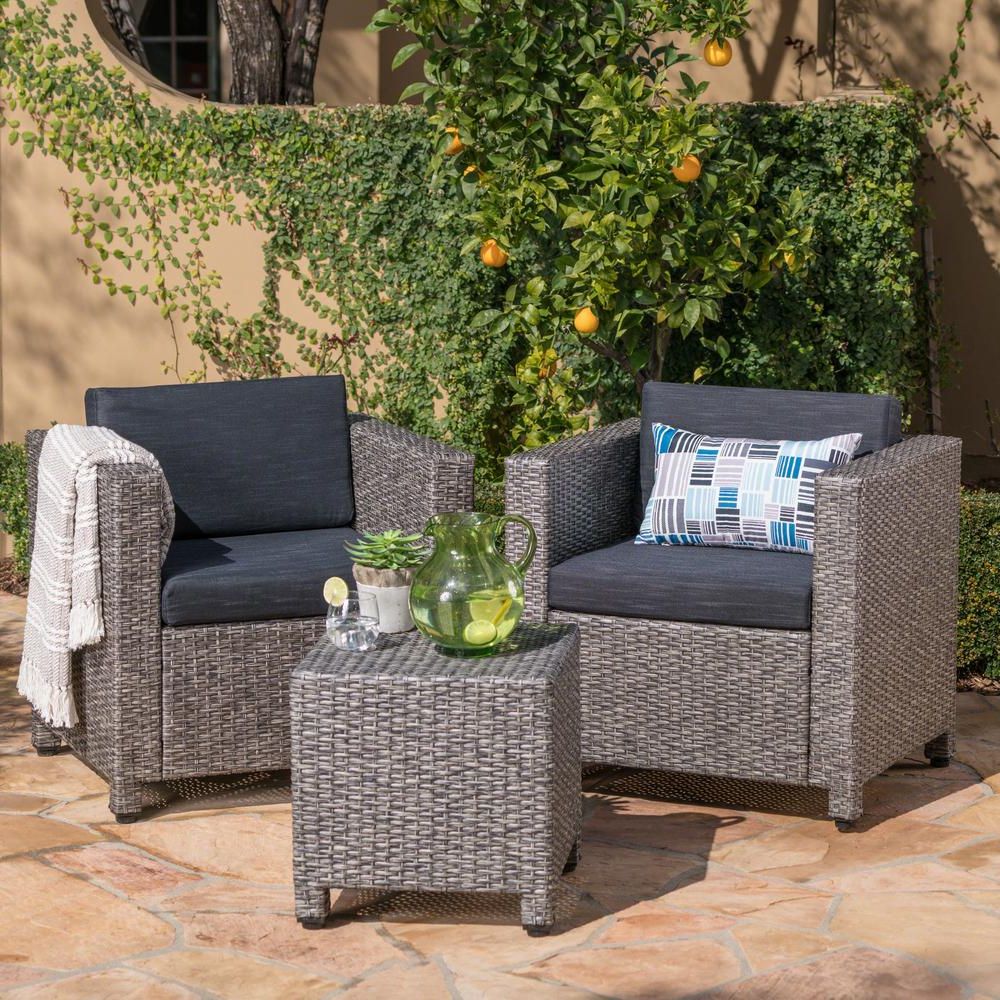 Latest 3 Piece Outdoor Table And Chair Sets In Noble House 3 Piece Wicker Patio Conversation Set With Dark Gray (View 14 of 15)