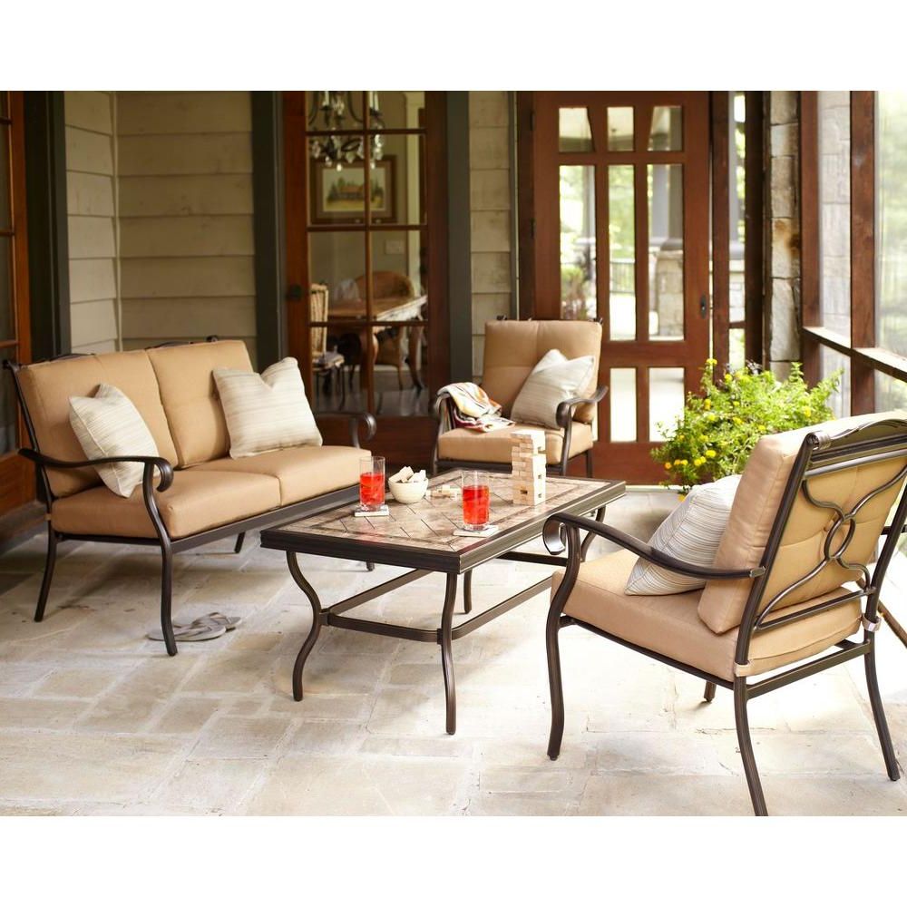 Latest 4 Piece Outdoor Seating Patio Sets For Hampton Bay Westbury 4 Piece Patio Deep Seating Set With Tan Cushions (View 7 of 15)