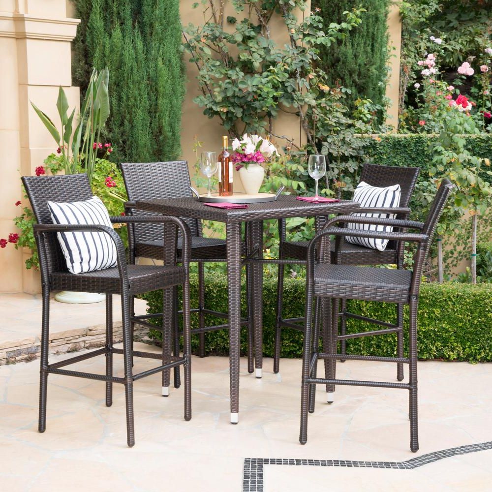 Latest 5 Piece Cafe Dining Sets For Noble House Multi Brown 5 Piece Wicker Square Outdoor Bar Height Dining (View 13 of 15)