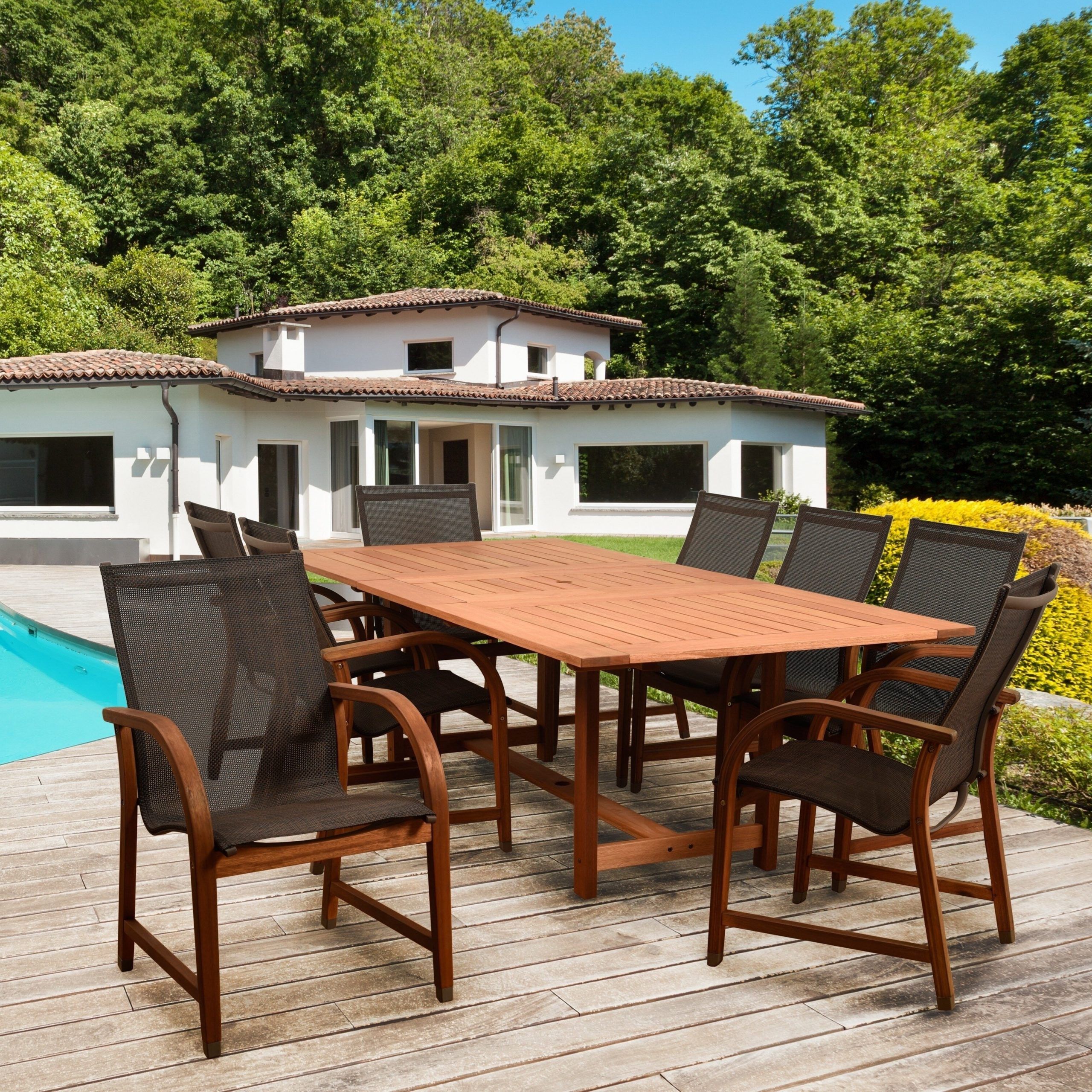 Latest Amazonia Cosmopolitan Brown 9 Piece Rectangular Patio Dining Set For Brown 9 Piece Outdoor Dining Sets (View 2 of 15)