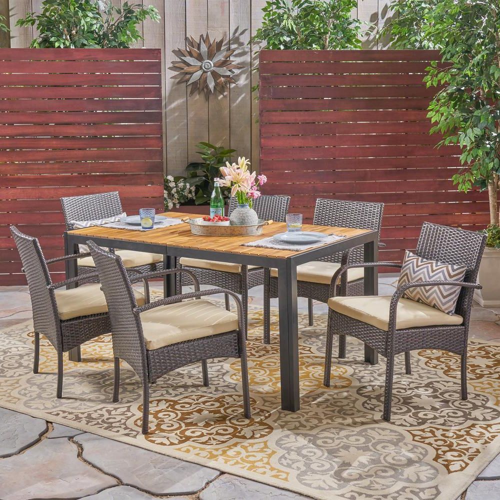 Latest Noble House Miles Teak Brown 7 Piece Wood And Multi Brown Wicker With Regard To Teak Wicker Outdoor Dining Sets (View 9 of 15)