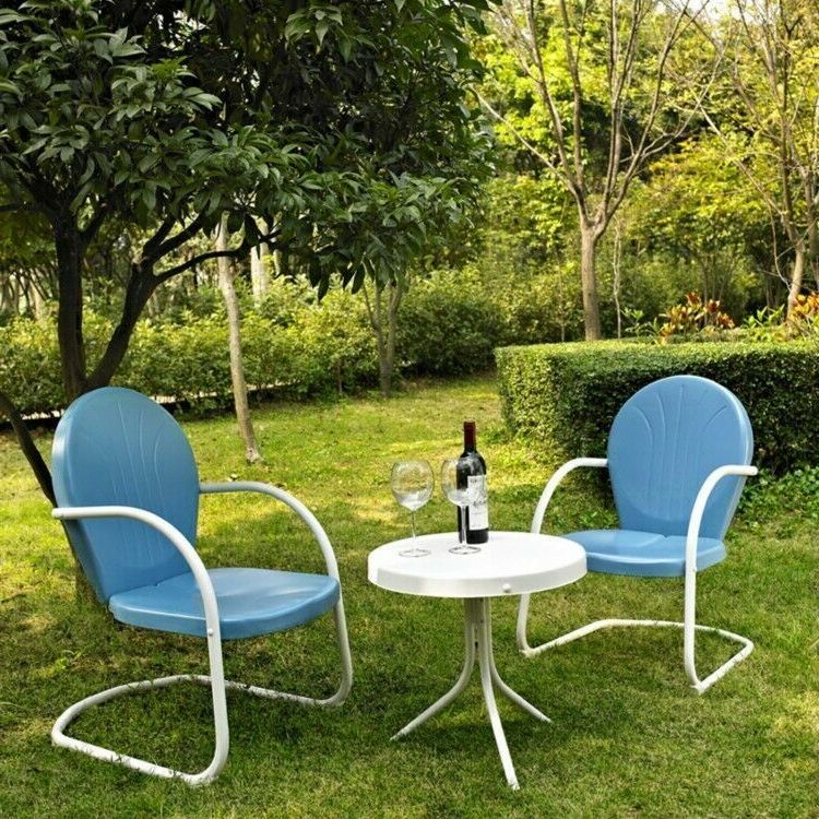 Latest Outdoor Furniture Set 3 Piece Retro Blue Metal Lawn Yard Patio Deck Regarding Blue 3 Piece Outdoor Seating Sets (View 10 of 15)