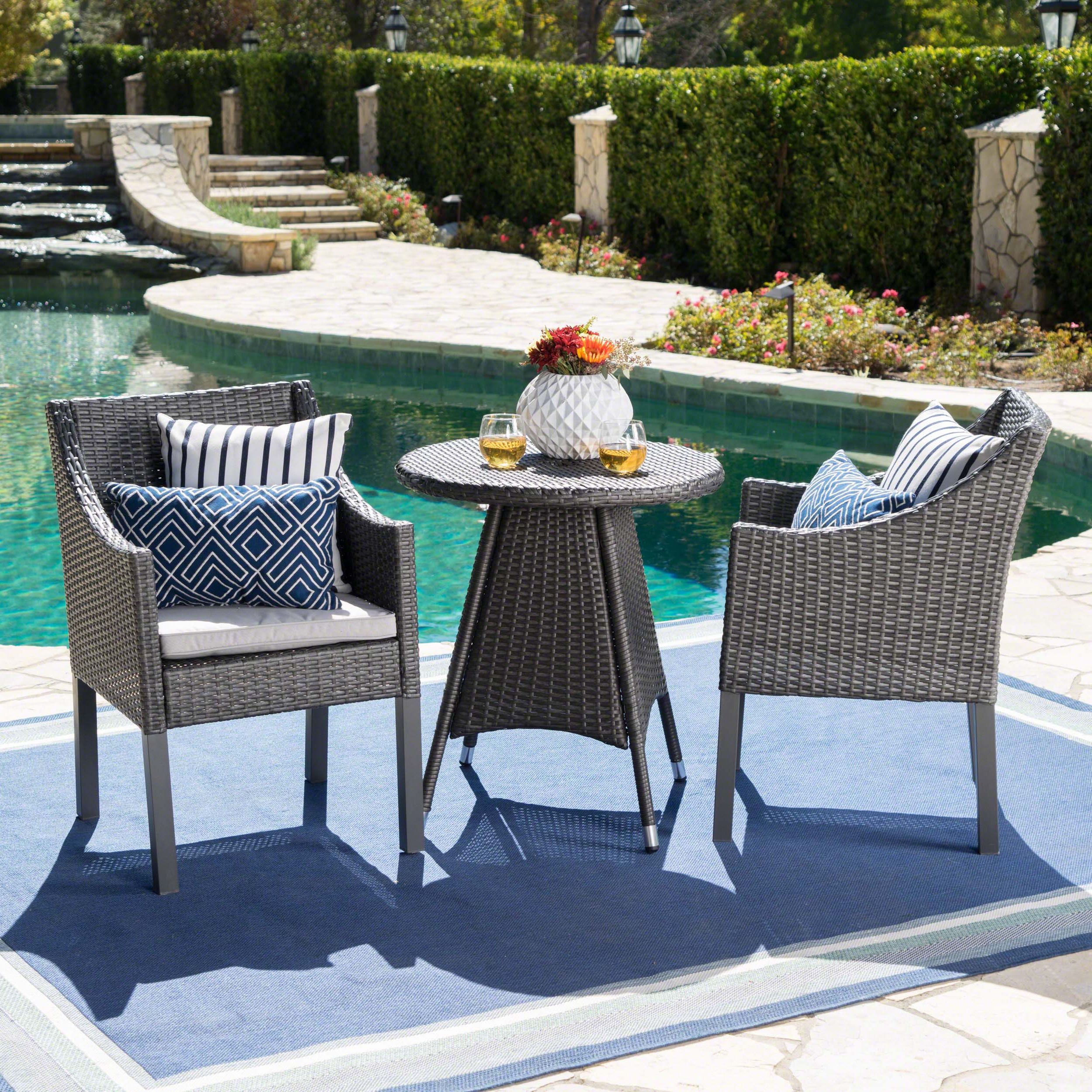 Leo Outdoor 3 Piece Wicker Round Dining Set With Cushions, Grey, Silver With 2020 Gray Wicker Rectangular Patio Dining Sets (View 3 of 15)