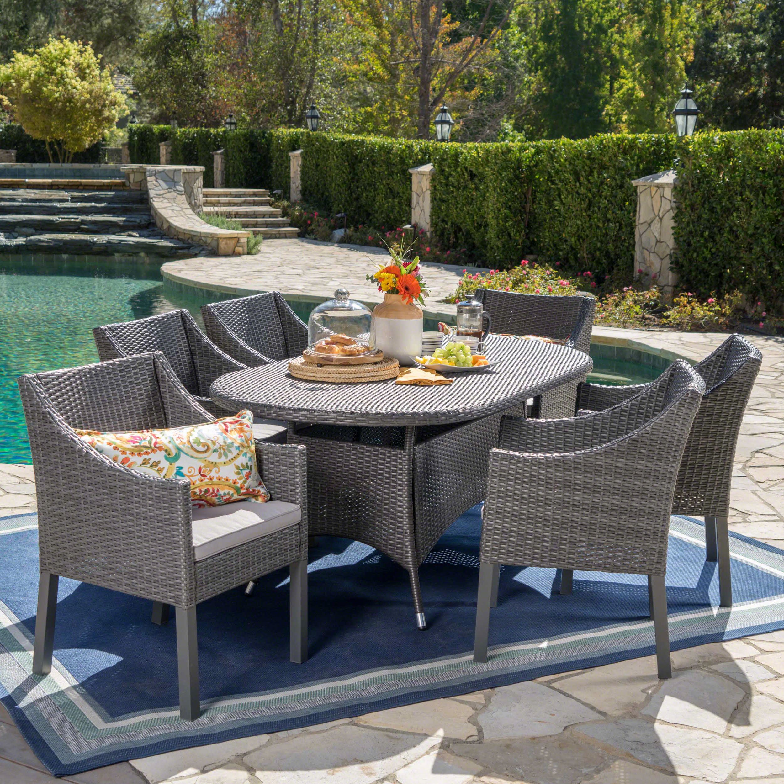Leo Outdoor 7 Piece Wicker Oval Dining Set With Cushions, Grey, Silver Pertaining To Recent Gray Wicker Rectangular Patio Dining Sets (View 1 of 15)