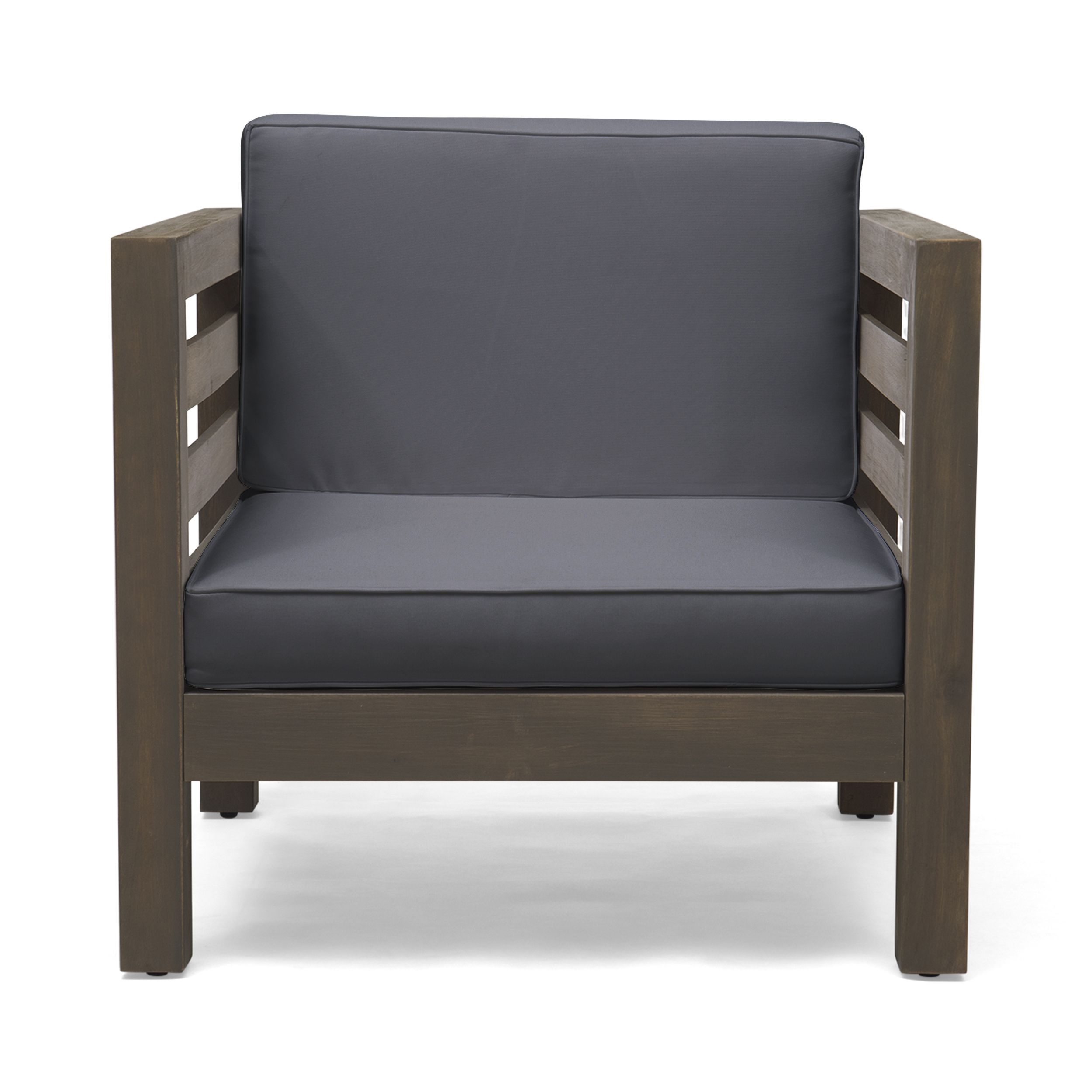 Louise Outdoor Acacia Wood Club Chair With Cushion, Gray Finish And In Well Liked Dark Wood Outdoor Chairs (View 9 of 15)