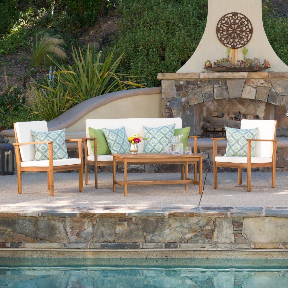 Luciano Brown 4 Piece Wood Patio Conversation Set With Beige Cushions Pertaining To Most Recent Patio Conversation Sets And Cushions (View 8 of 15)