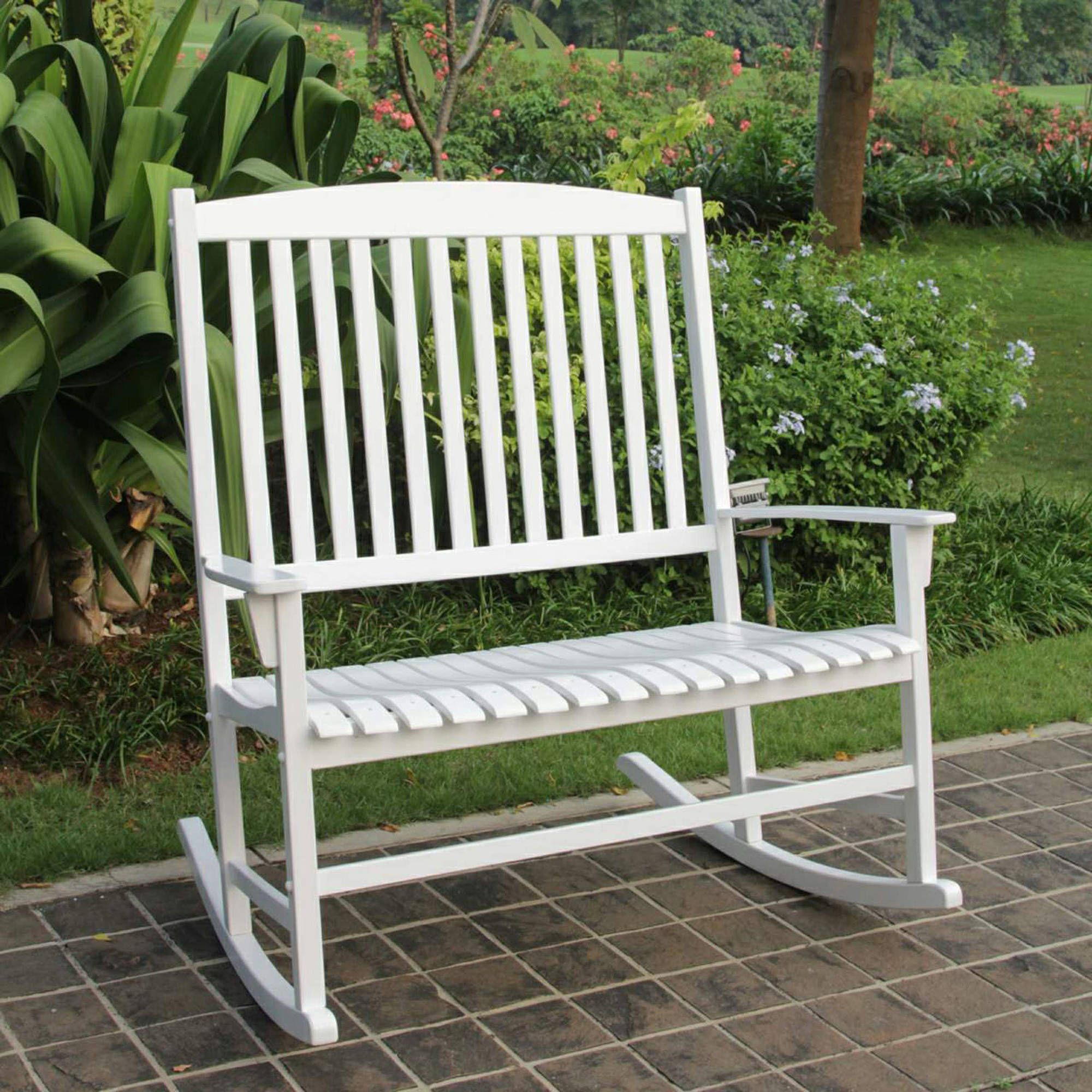 Mainstays Outdoor Double Rocking Chair White Solid Hardwood Wide Seat In 2019 White Wood Soutdoor Seating Sets (View 2 of 15)