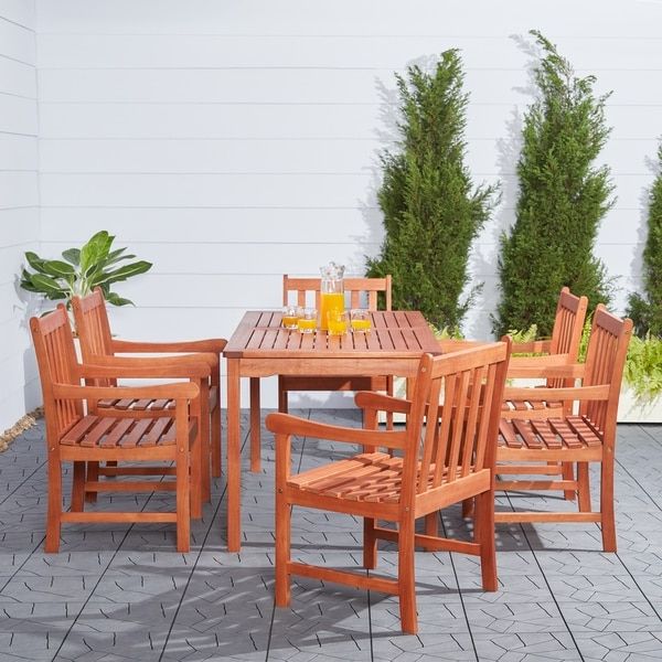 Malibu Eco Friendly 7 Piece Eucalyptus Grandis Wood Outdoor Dining Set In Widely Used Black Eucalyptus Outdoor Patio Seating Sets (View 13 of 15)