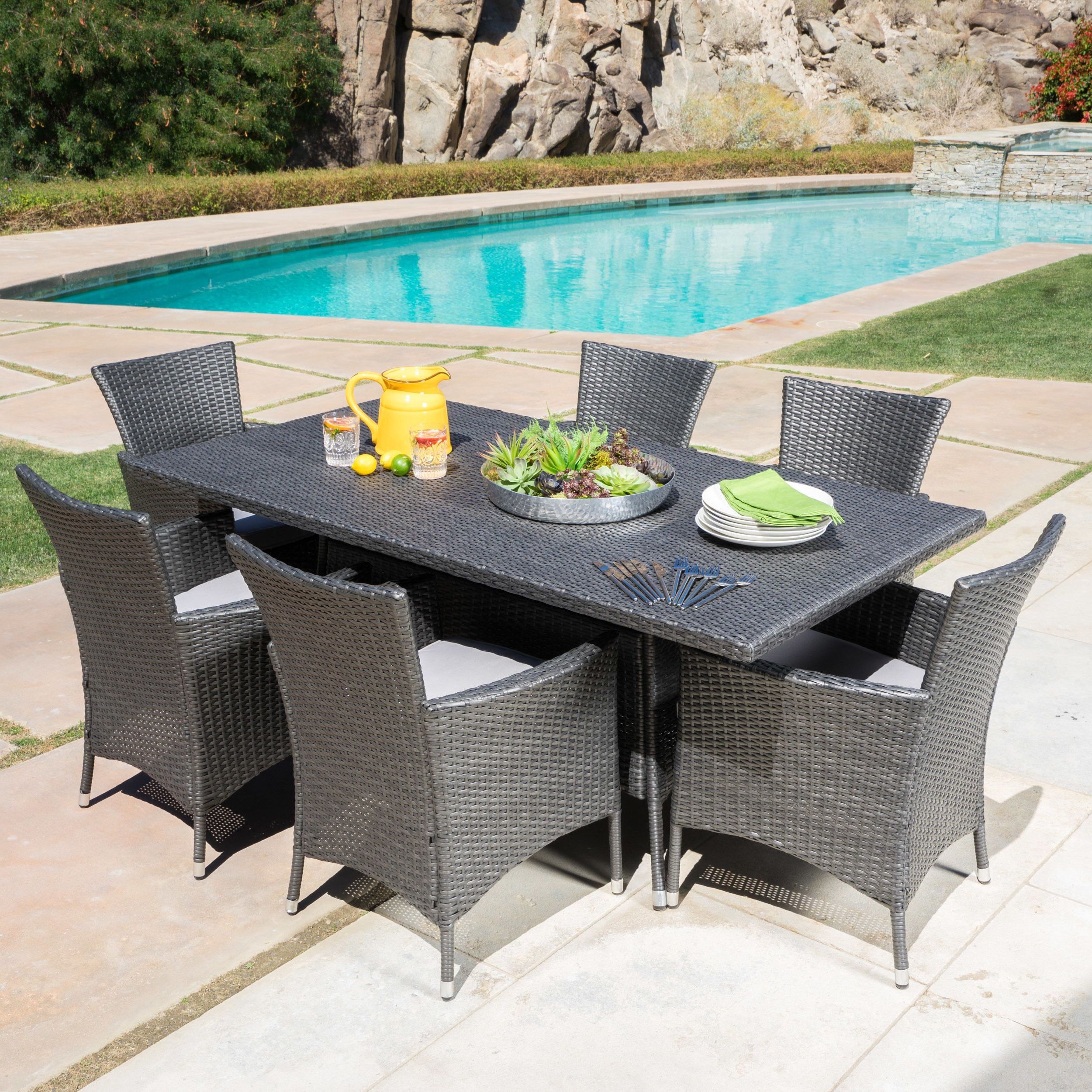Malta Outdoor 7 Piece Rectangle Wicker Dining Set With Cushions Inside Most Recently Released Wicker Rectangular Patio Dining Sets (View 6 of 15)