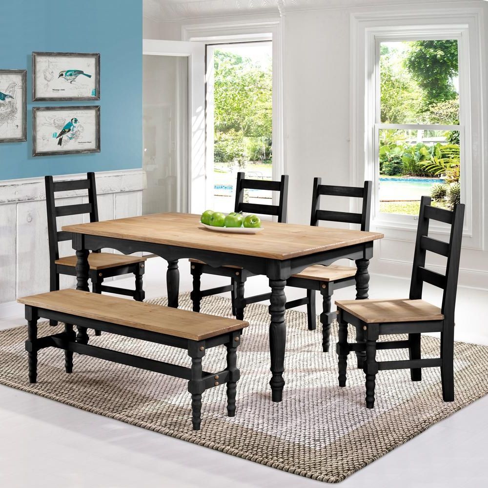 Manhattan Comfort Jay 6 Piece Black Wash Solid Wood Dining Set With 1 Pertaining To Recent Dark Brown 6 Piece Patio Dining Sets (View 10 of 15)