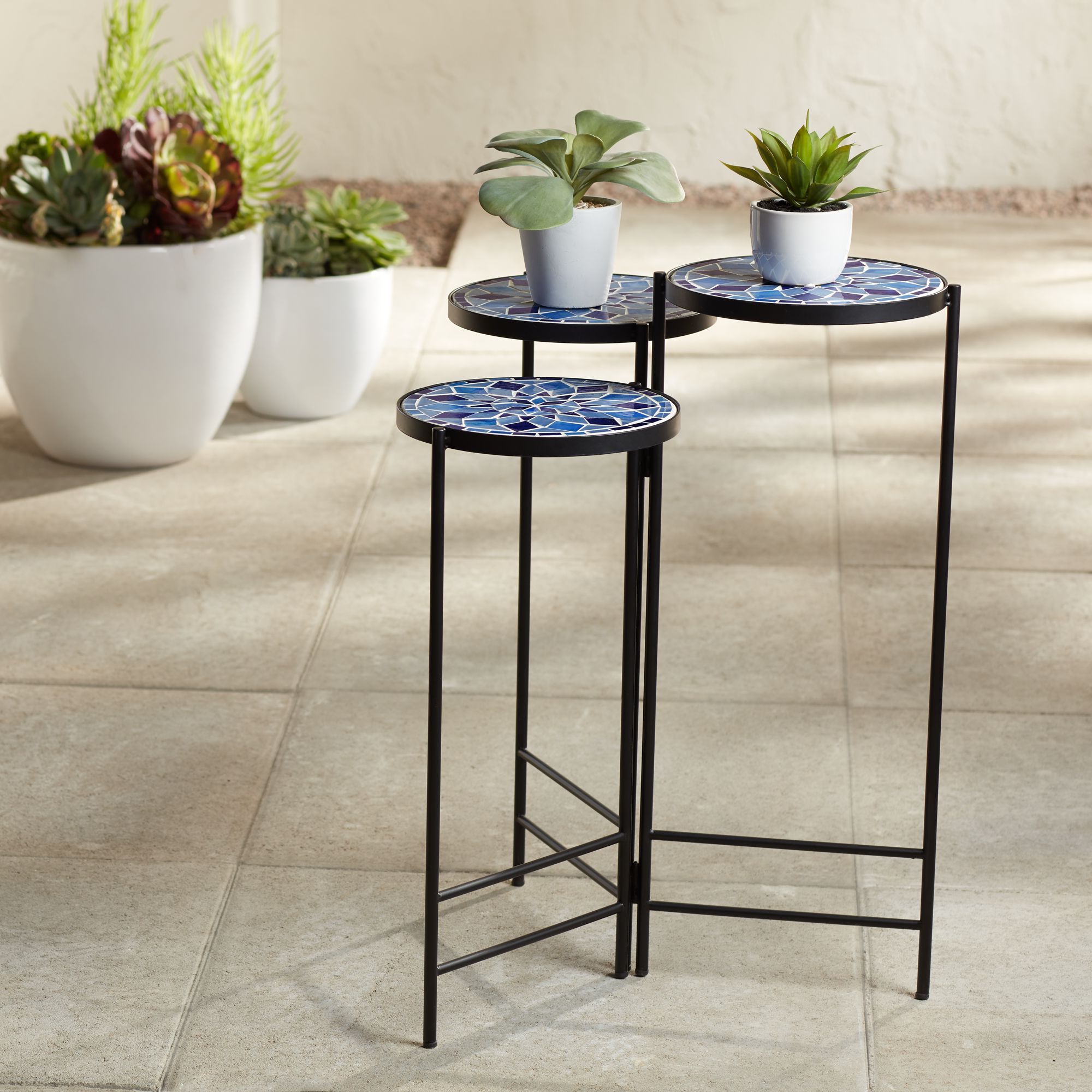 Mosaic Black Iron Outdoor Accent Tables With Most Up To Date Teal Island Designs Blue Mosaic Black Iron Set Of 3 Accent Tables (View 7 of 15)