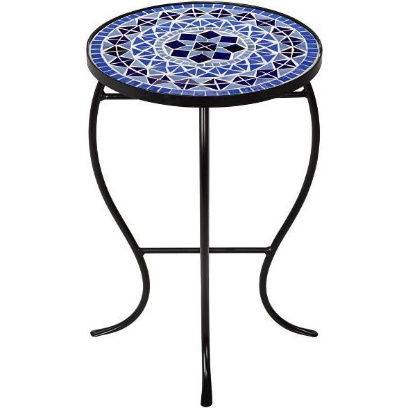 Mosaic Black Outdoor Accent Tables Regarding Famous Teal Island Designs Cobalt Mosaic Black Iron Outdoor Accent Table (View 6 of 15)