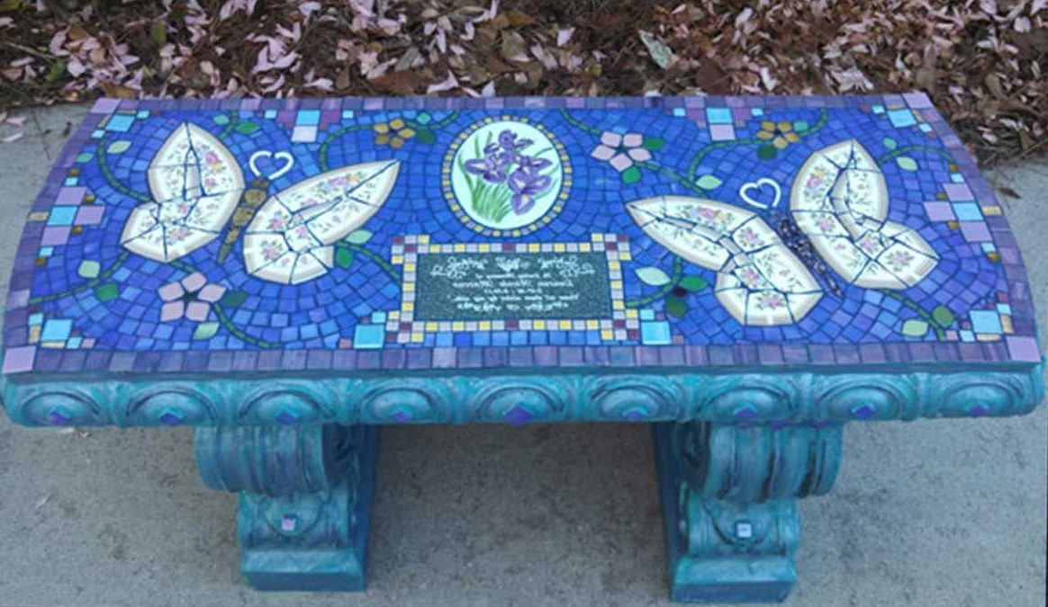 Mosaic Memorial Garden Bench Of Lauren's Butterflieswater's End Regarding 2020 Dragonfly Mosaic Outdoor Accent Tables (View 6 of 15)