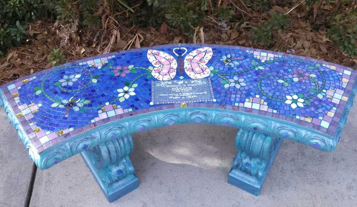 Mosaic Memorial Garden Bench Of Ryan Gloria's Butterflywater's End Throughout Widely Used Dragonfly Mosaic Outdoor Accent Tables (View 9 of 15)