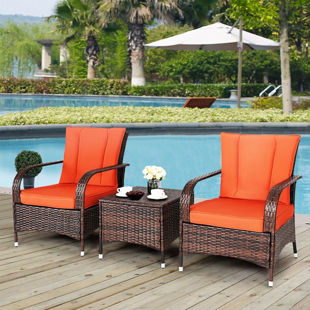 Most Current Brown Patio Conversation Sets With Cushions With Regard To Costway Mix Brown 3 Piece Rattan Wicker Outdoor Furniture Patio (View 14 of 15)
